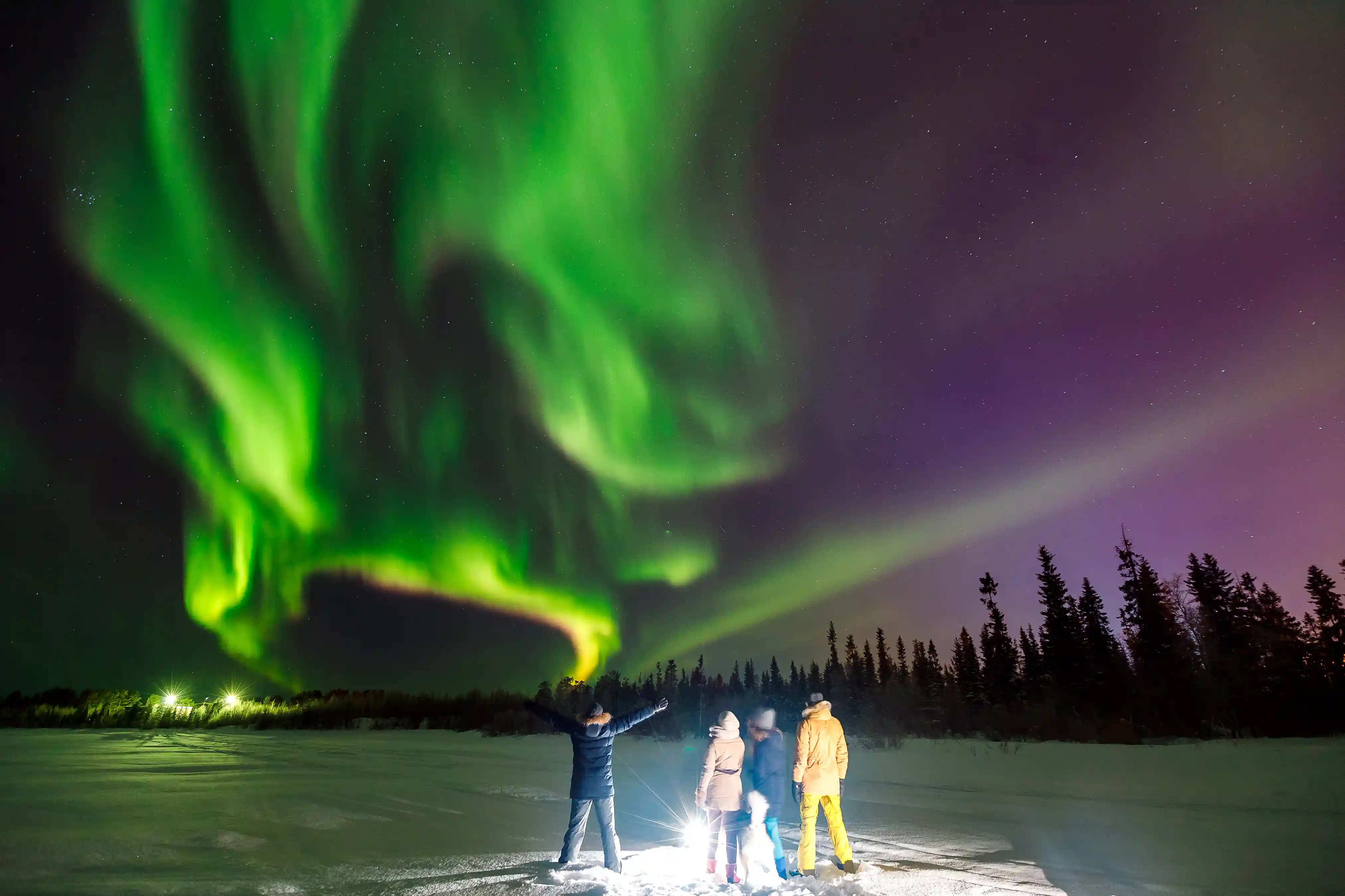 Grupo obserando auroras en el cielo